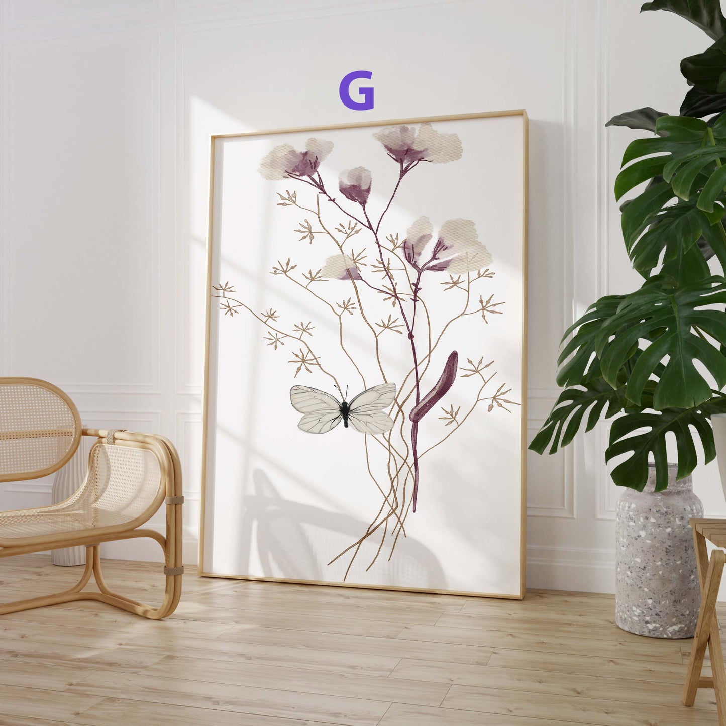 Wildblumen Poster · Geschenkidee · Zarte botanische Blumen mit blauen Blüten und Schmetterlingen · Dekoprint ohne Rahmen