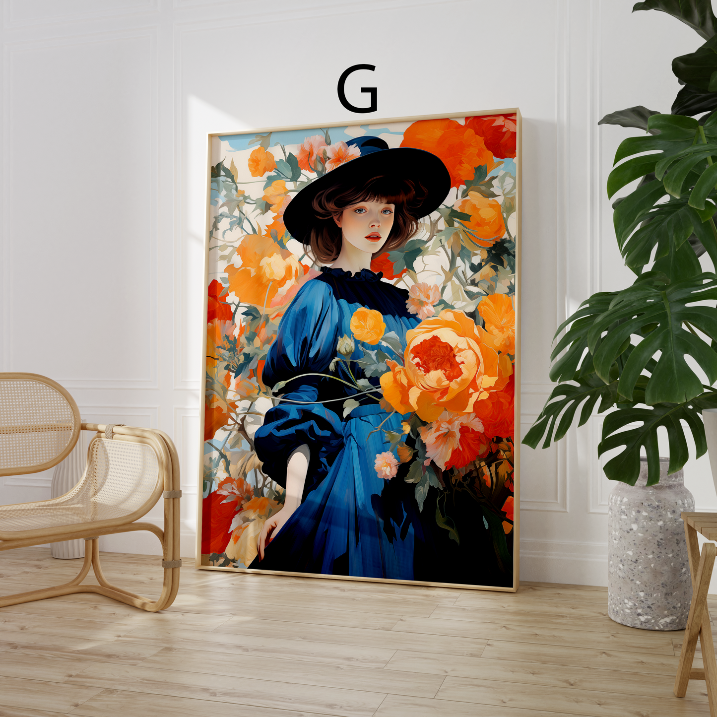 Moderne Kunst Poster · Geschenkidee · Elegante Frau mit Blumenkleid und Farbenfrohe Blumenkunst · Dekoprint ohne Rahmen