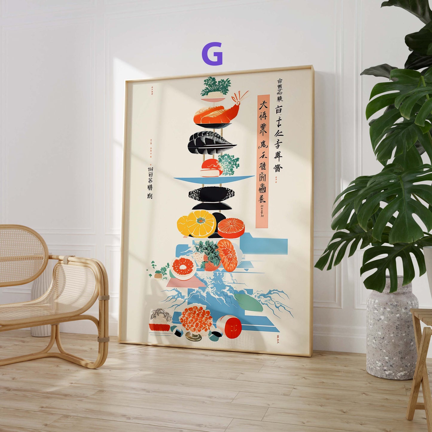 Japan Poster · Geschenkidee · Zen Kalligrafie Fuji Geisha und Lotusblüten · Dekoprint ohne Rahmen