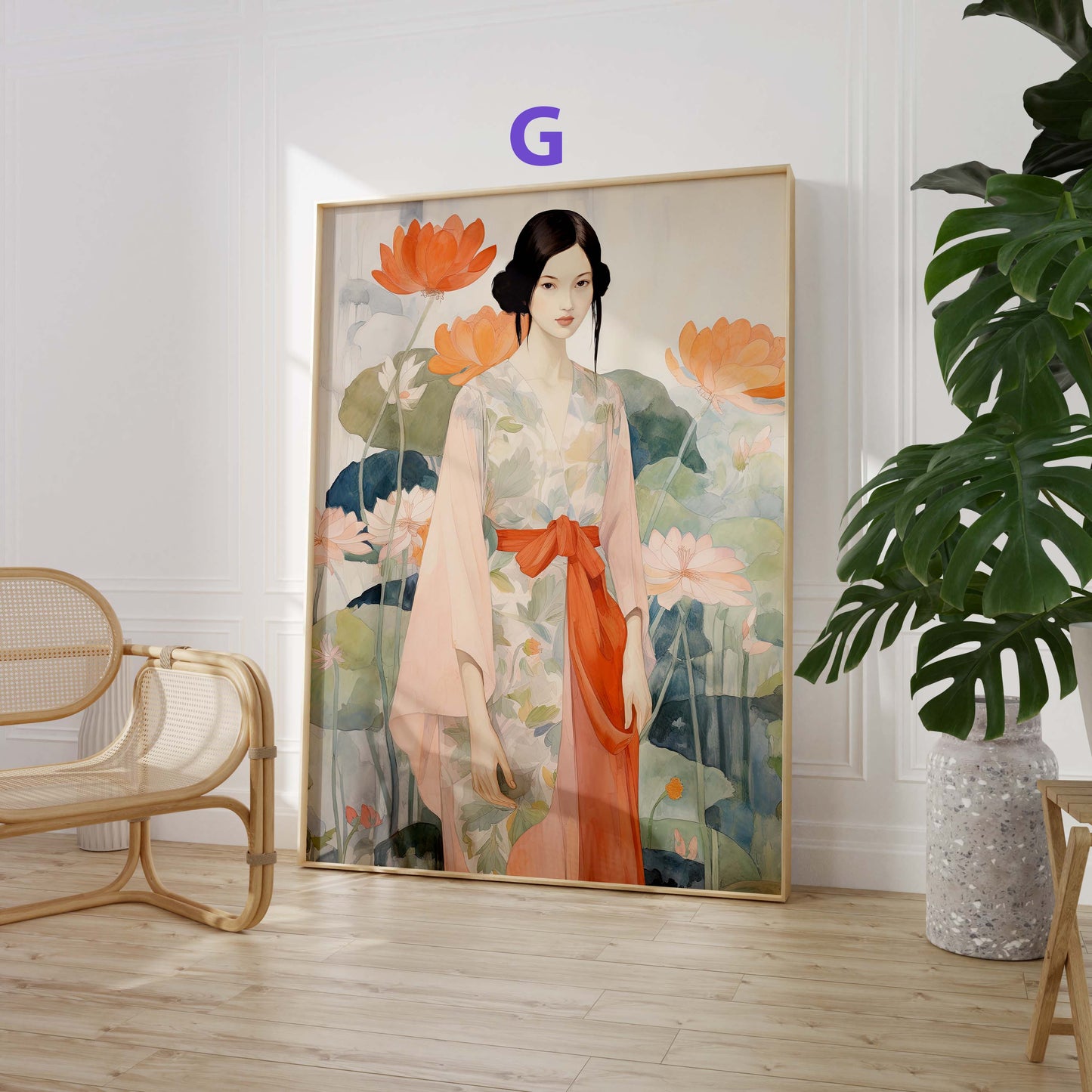 Japan Poster · Geschenkidee · Zen Minimalismus Kalligrafie Geisha und Landschaft · Dekoprint ohne Rahmen