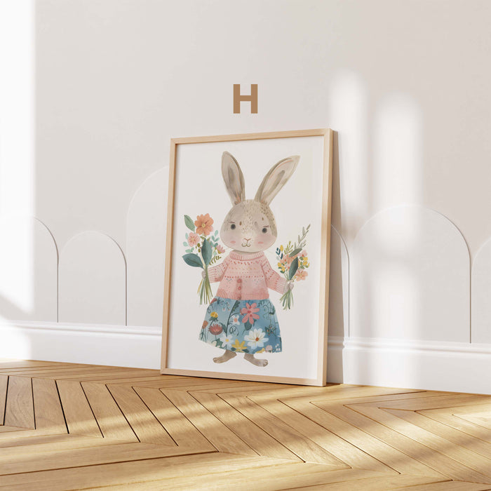 Häschen Poster mit Blumen und Kleidung für Kinderzimmer