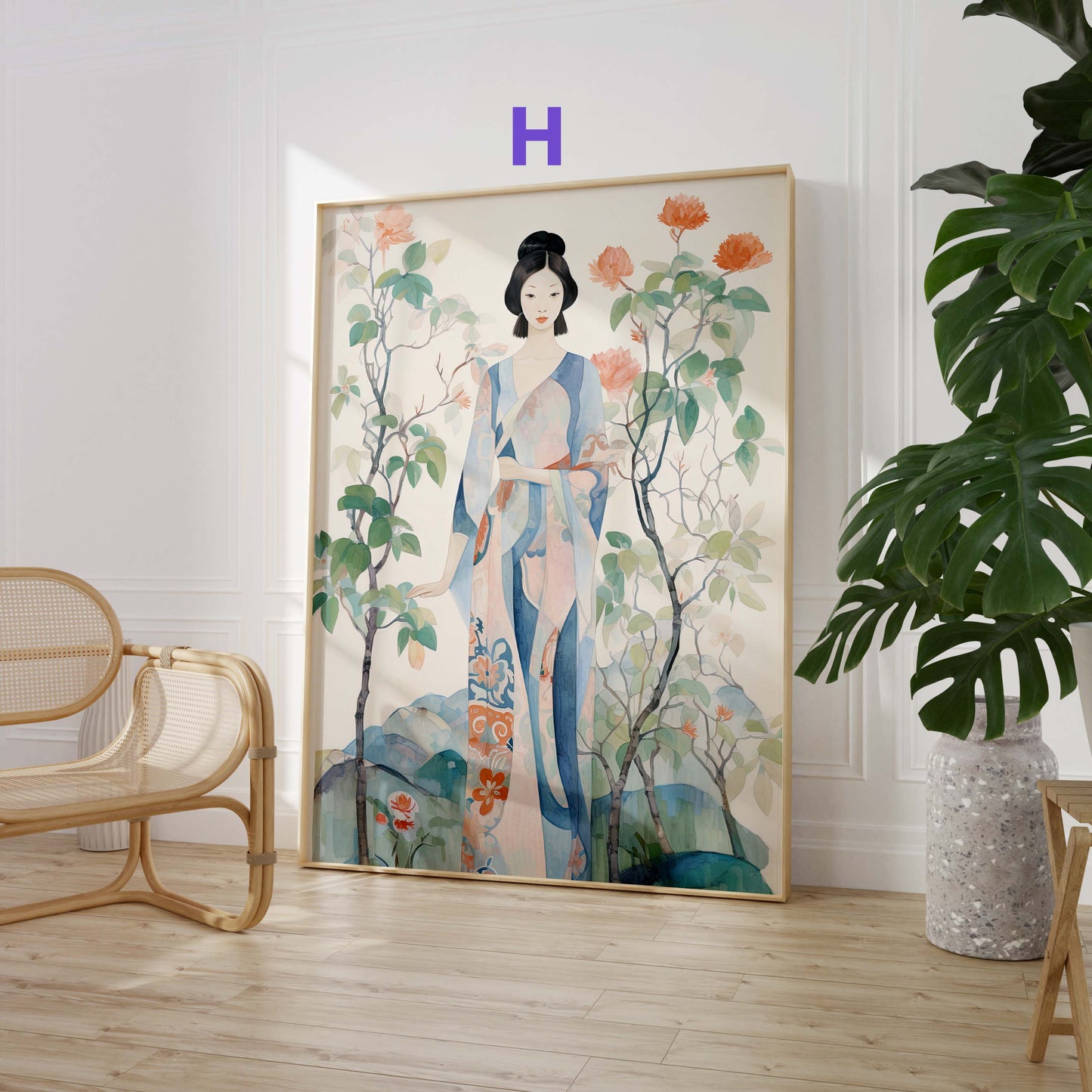 Japan Poster · Geschenkidee · Zen Minimalismus Kalligrafie Geisha und Landschaft · Dekoprint ohne Rahmen