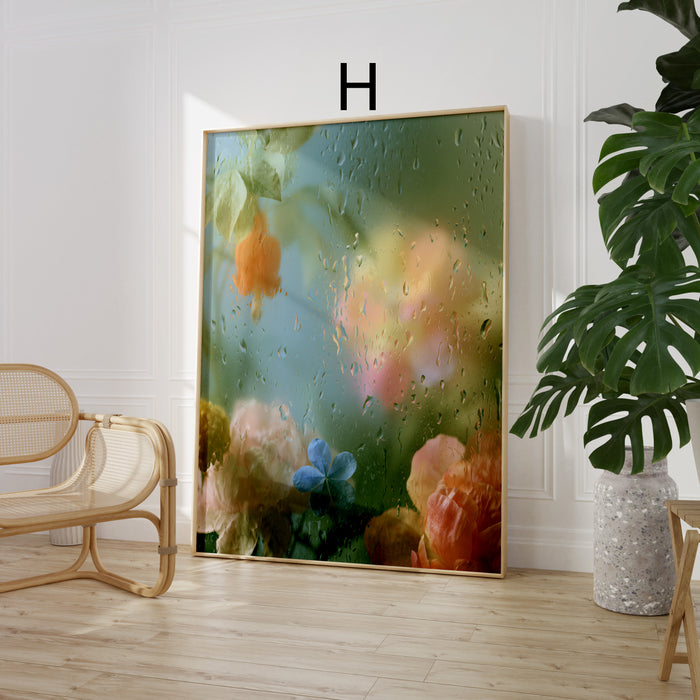 Geschenkidee · Blumen hinter Glas mit Wassertropfen Poster Ästhetische Fotografie Prints · Dekoprint ohne Rahmen | JUSTGOODMOOD