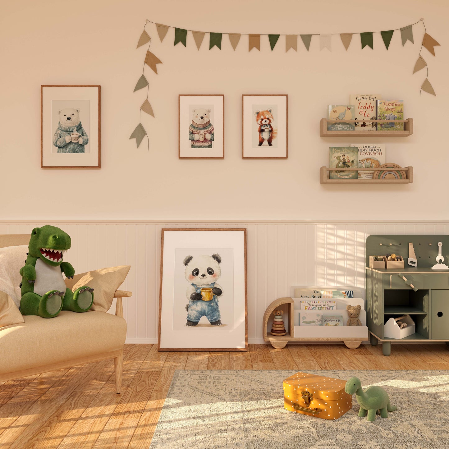 Niedliches Tier Kinderzimmer poster · Geschenkidee · Aquarell Bär Panda und Roter Panda Illustration · Wanddeko · Print ohne Rahmen