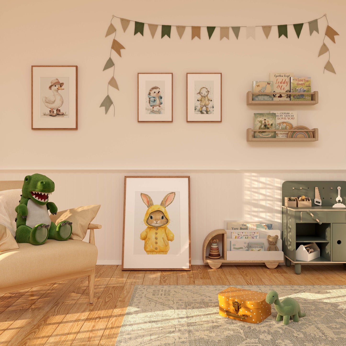 Süße Regenjacke Tier Poster · Geschenkidee · Aquarell Waldtier Illustration mit Regenmantel · Kinderzimmer Wanddeko · Print ohne Rahmen