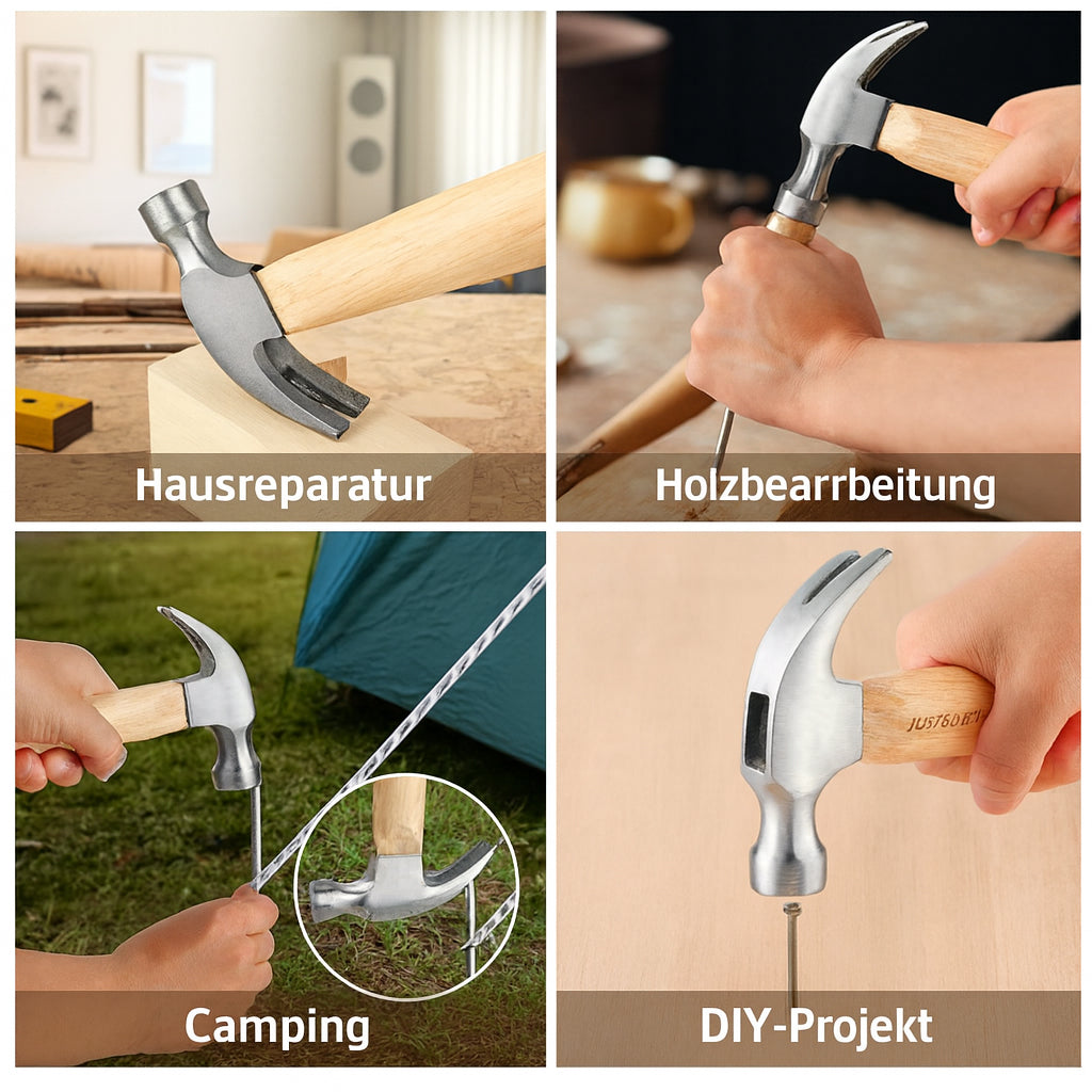 JUSTGOODMOOD Mini Hammer – Stahlhammerkopf & Echtholzgriff · Kompakt & Robust · Für DIY, Camping, Hausreparaturen · 165 mm