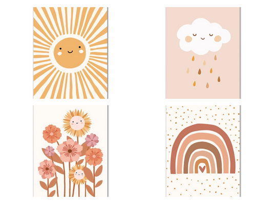 Kinderzimmer Bilder Sonnenstrahlen Blumen Regenbogen Wolke Sonne · Geschenkidee · Deko Print ohne Rahmen