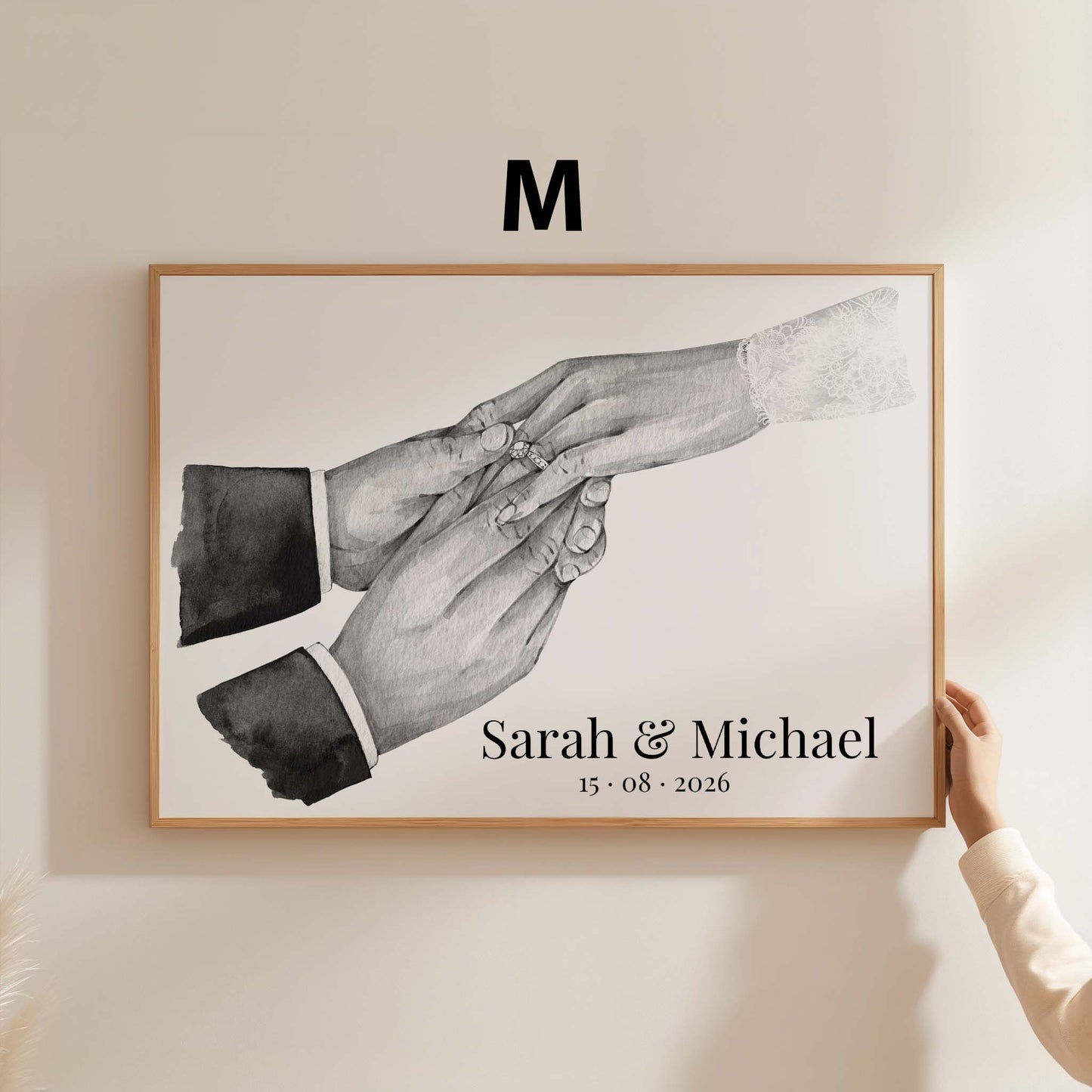 Hochzeit Hände Ring Austausch Poster · Geschenkidee · Personalisierte Namen Datum Paar Illustration · Print ohne Rahmen