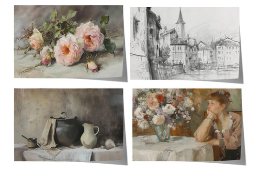 Moderne Vintage Kunst Poster · Geschenkidee · Rosen Stillleben Stadtansicht Porträt · Dekoprint ohne Rahmen
