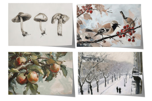 Moderne Natur Poster · Geschenkidee · Pilze Vögel Äpfel Winterlandschaft · Dekoprint ohne Rahmen