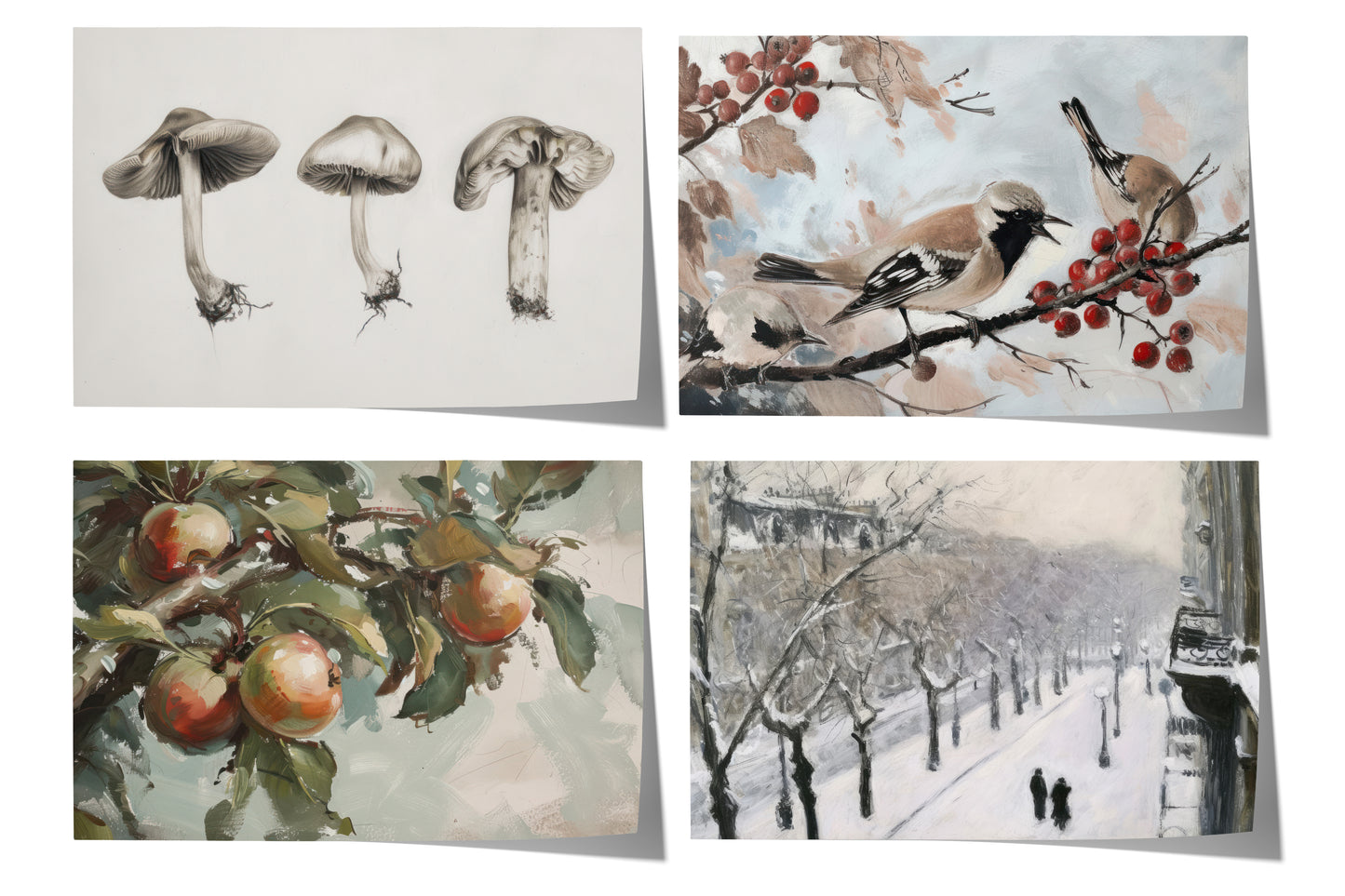 Moderne Natur Poster · Geschenkidee · Pilze Vögel Äpfel Winterlandschaft · Dekoprint ohne Rahmen