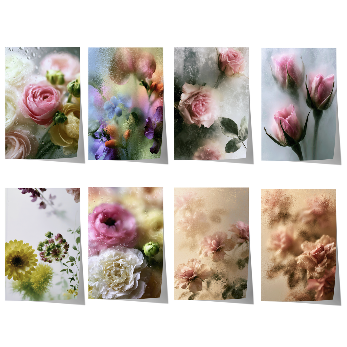 Blumen Poster · Geschenkidee · Rosen Ranunkeln hinter nassem Glas · Dekoprint ohne Rahmen
