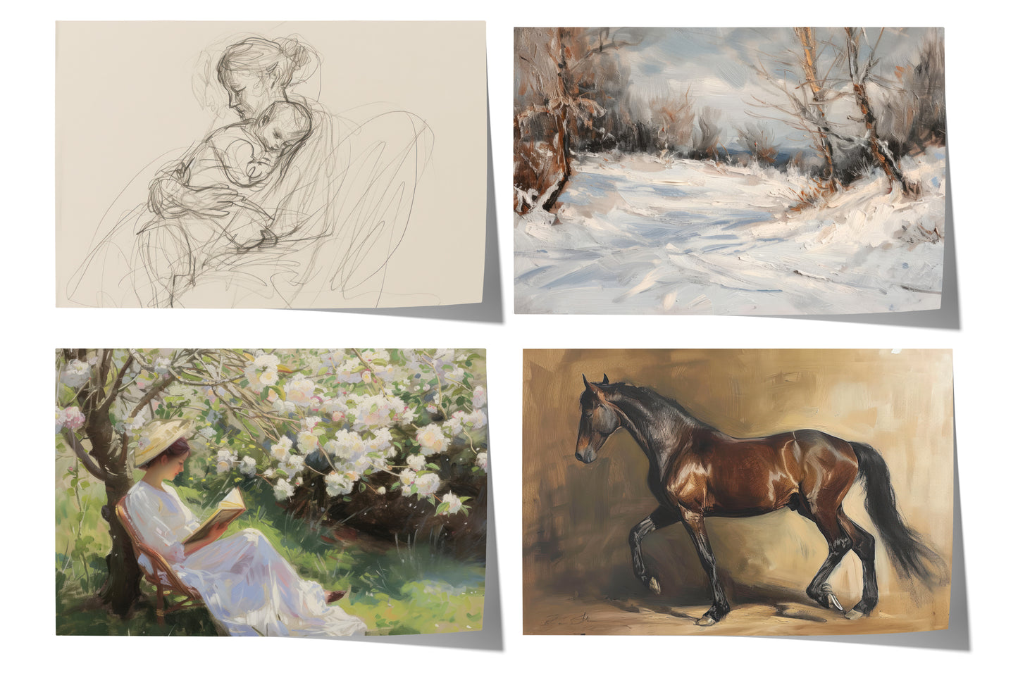 Moderne Vintage Kunst Poster · Geschenkidee · Pferd Winterlandschaft Figuren Klassische Wandkunst · Dekoprint ohne Rahmen