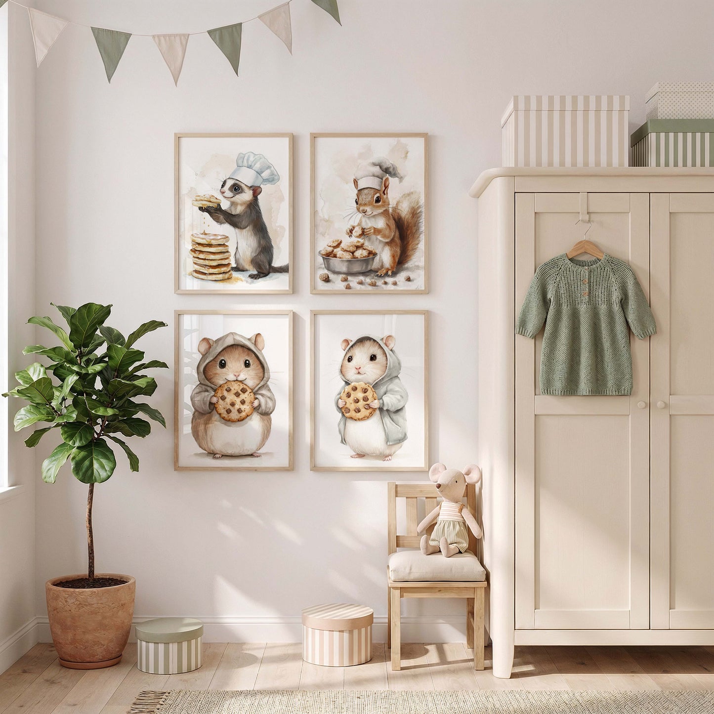 Süßes Tier Bäckerei Poster · Geschenkidee · Aquarell Tier Illustration Style Design · Kinderzimmer Wanddeko · Print ohne Rahmen