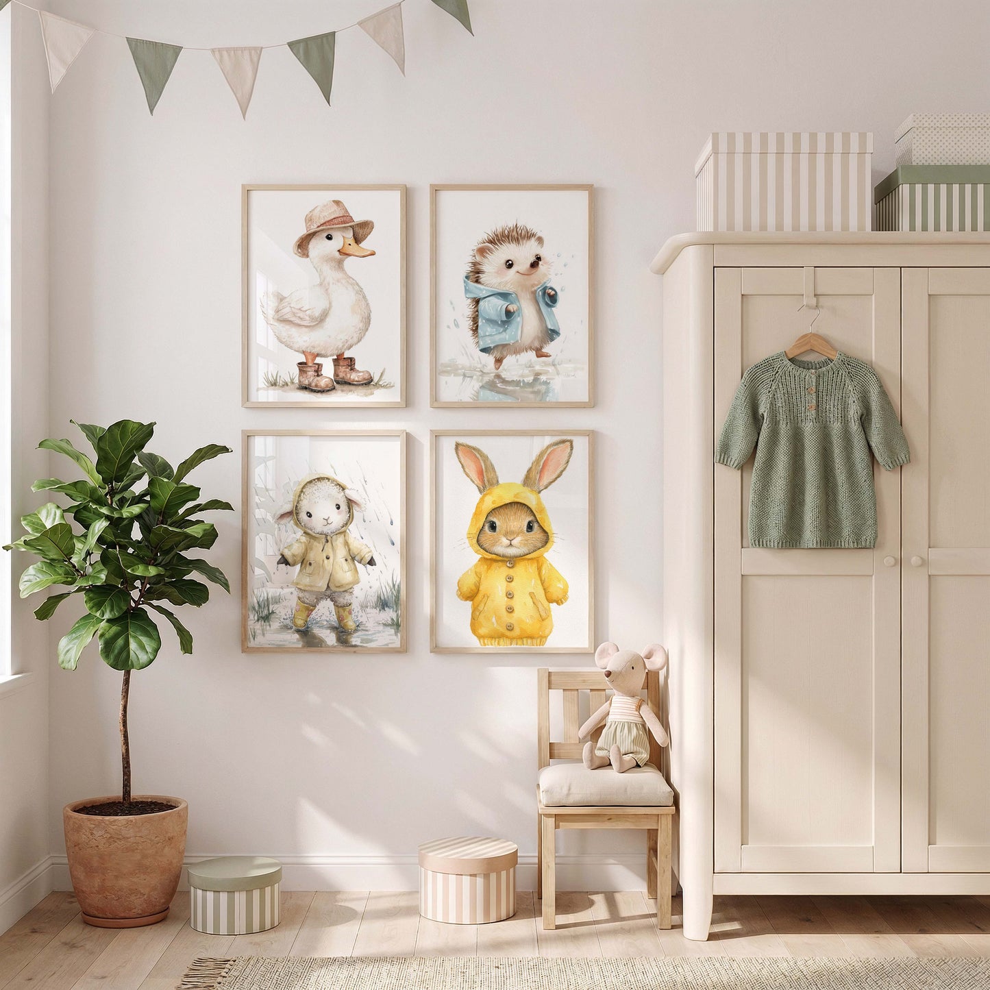 Süße Regenjacke Tier Poster · Geschenkidee · Aquarell Waldtier Illustration mit Regenmantel · Kinderzimmer Wanddeko · Print ohne Rahmen
