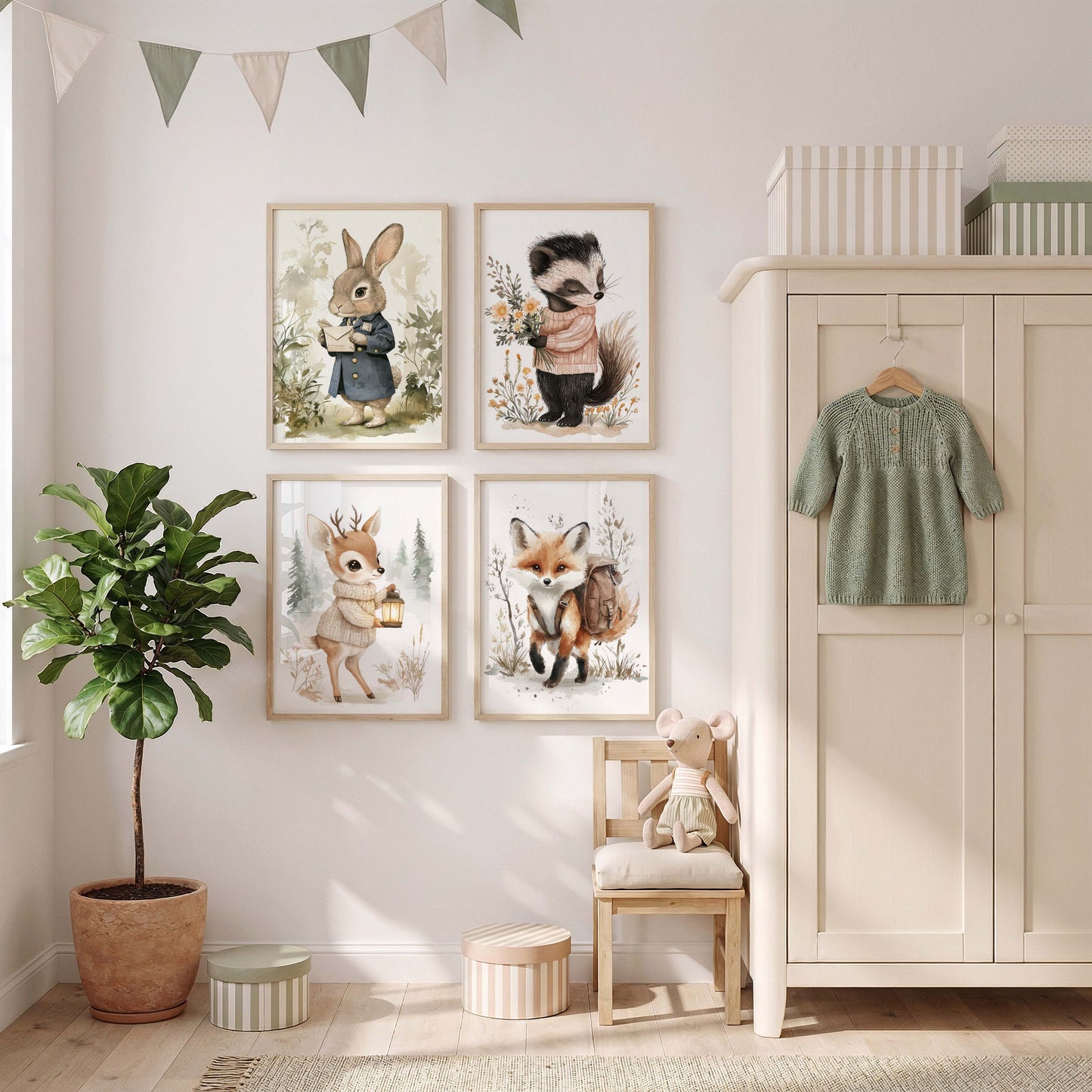 Niedliche Waldtiere Kinderzimmer Poster · Aquarell Reh Fuchs Waschbär Hase · Babyzimmer Wanddeko · Print ohne Rahmen