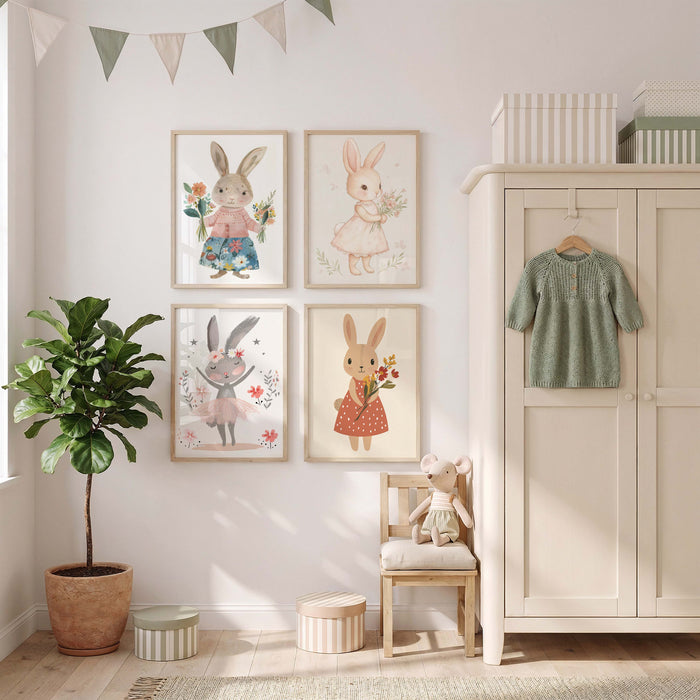 Häschen Poster mit Blumen und Kleidung für Kinderzimmer