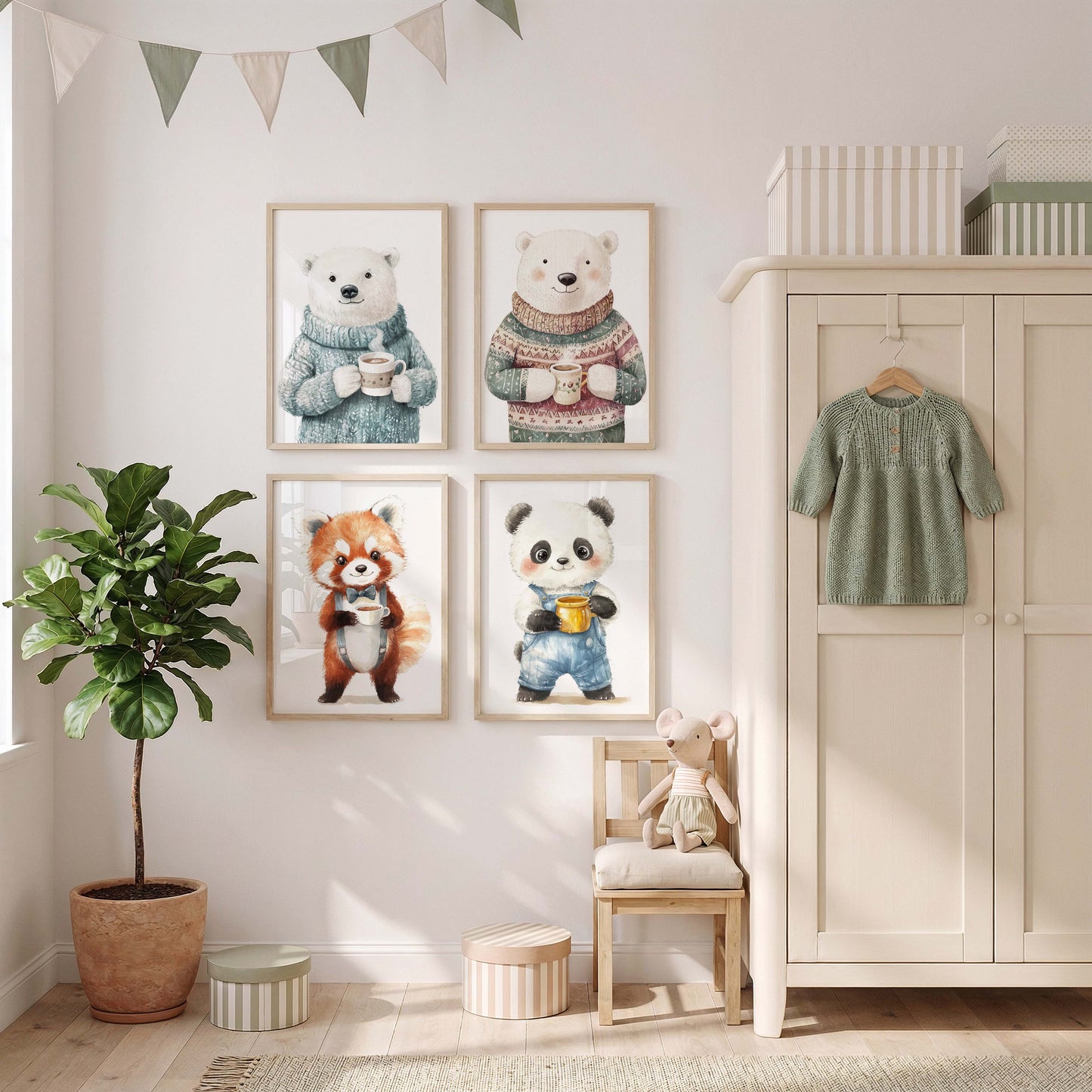 Niedliches Tier Kinderzimmer poster · Geschenkidee · Aquarell Bär Panda und Roter Panda Illustration · Wanddeko · Print ohne Rahmen