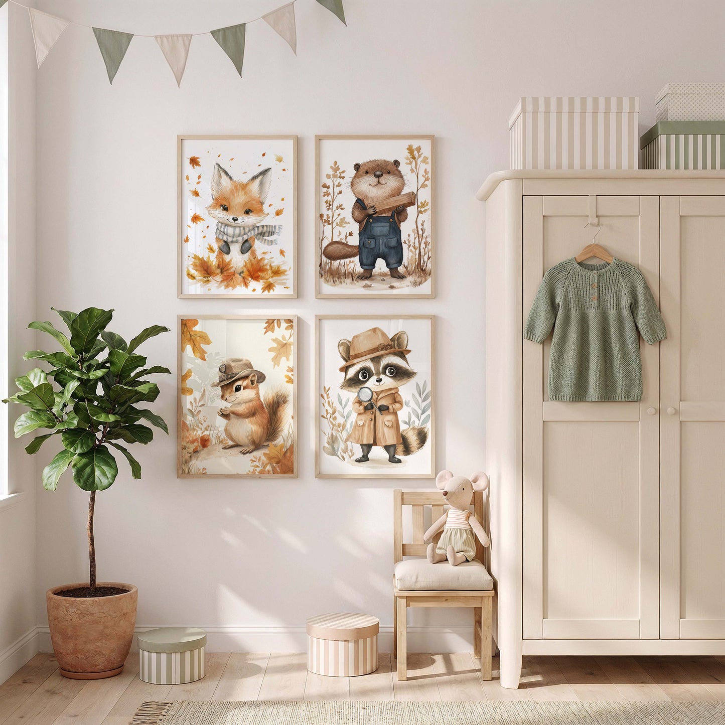 Niedliches Waldtier Poster · Geschenkidee · Aquarell Illustration mit Fuchs Waschbär Eichhörnchen und Reh · Kinderzimmer Wanddeko · Print ohne Rahmen