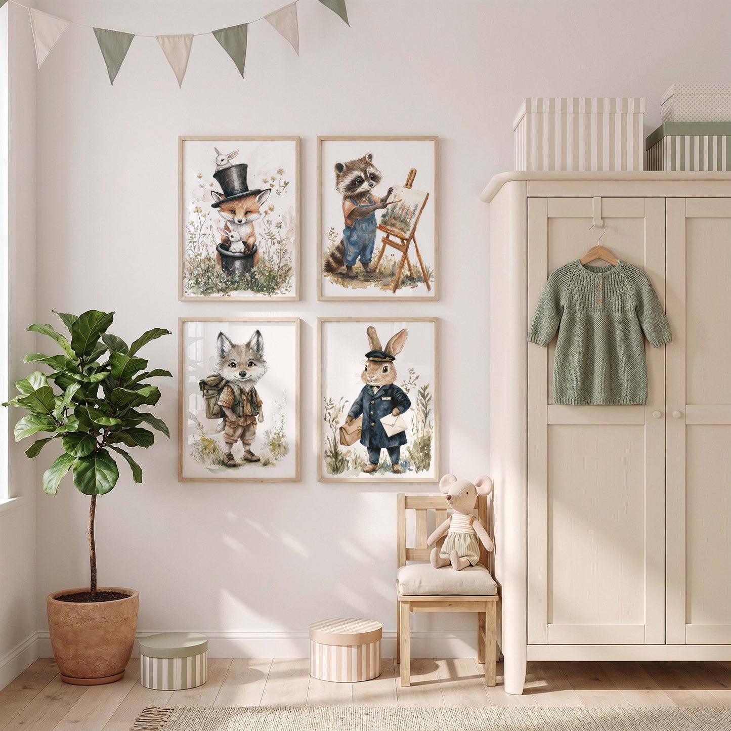 Süße Waldtiere Poster · Geschenkidee · Aquarell Fuchs Waschbär Wolf und Hase Illustration · Kinderzimmer Wanddeko · Print ohne Rahmen