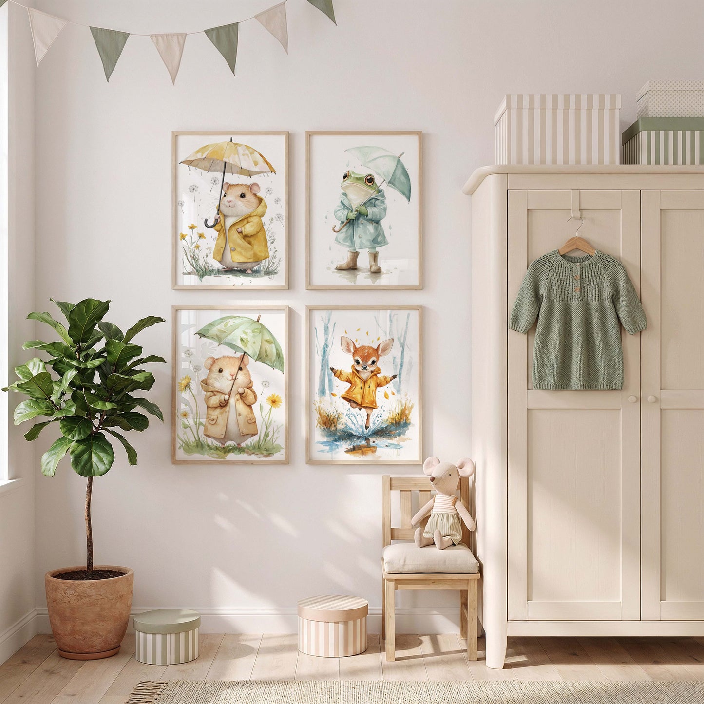 Süßer Regen Tag Tier Poster · Geschenkidee · Aquarell Waldtier Illustration mit Regenschirm · Kinderzimmer Wanddeko · Print ohne Rahmen