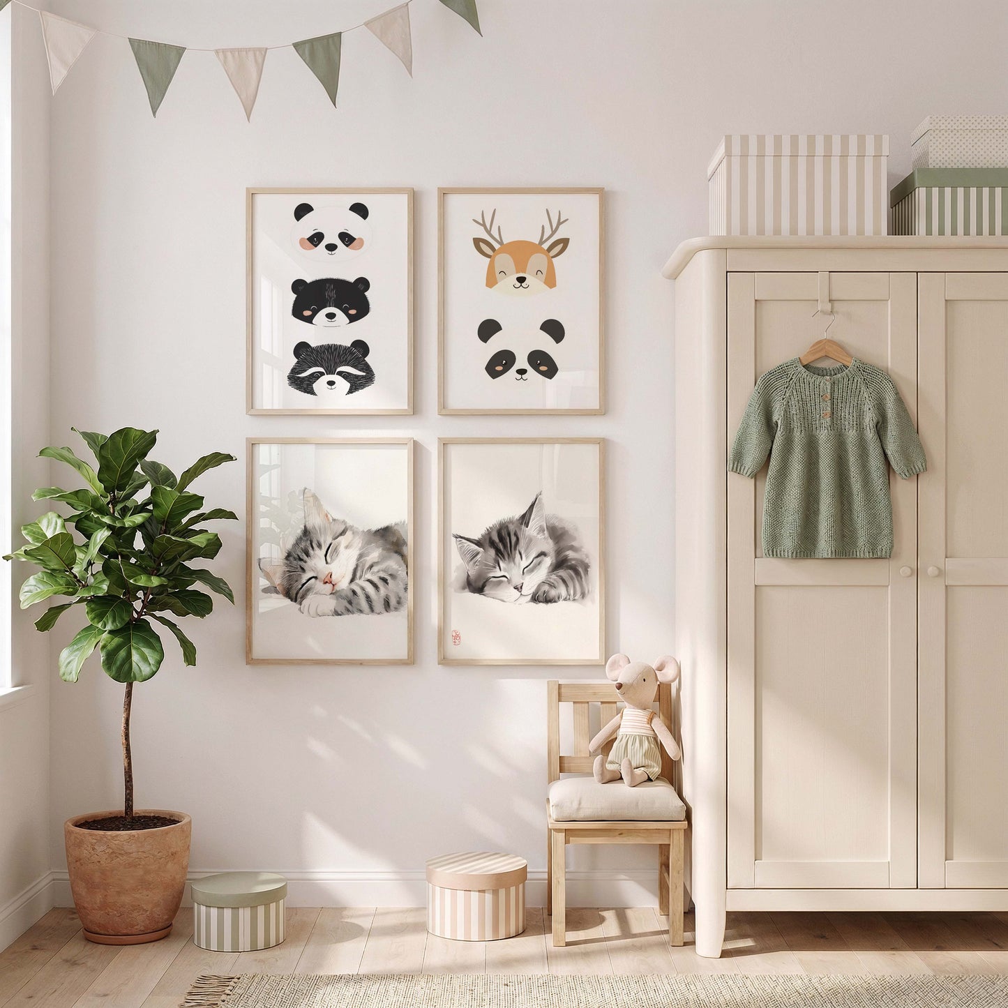 Süße Tiere Poster · Geschenkidee · Minimalistische Illustration mit Katze, Panda und Giraffe · Kinderzimmer Deko · Dekoprint ohne Rahmen