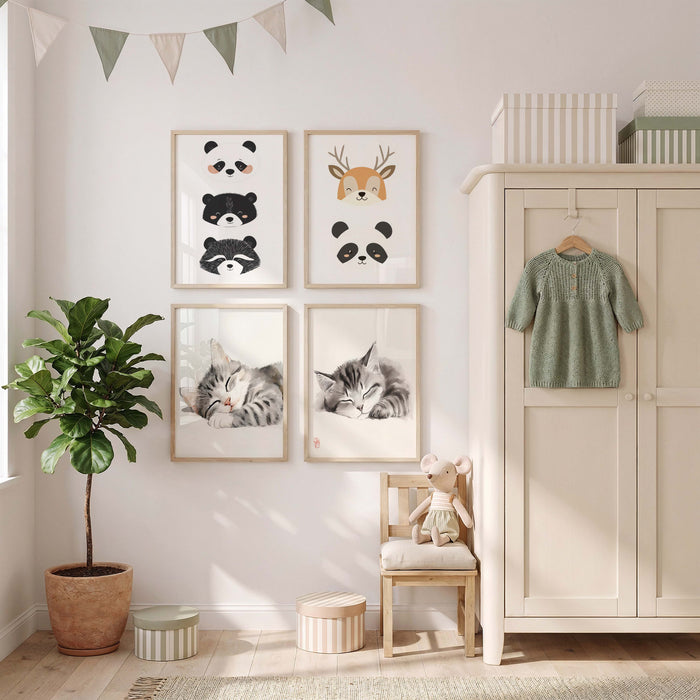 Süße Tiere Poster für Kinderzimmer mit Panda und Katze