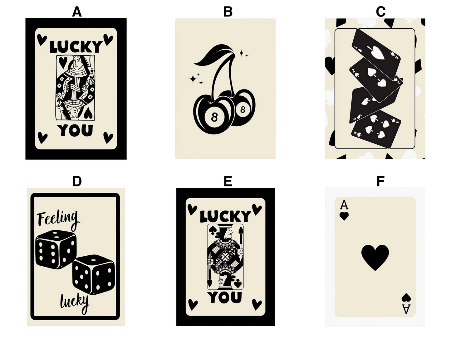 Poster Poker Ass Karte · Dame Karte · Bube Karte · Glückswürfel · Kirschen Billiard 8 · Deko Print ohne Rahmen
