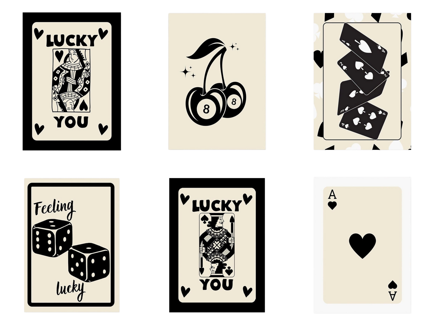 Poster Poker Ass Karte · Dame Karte · Bube Karte · Glückswürfel · Kirschen Billiard 8 · Deko Print ohne Rahmen
