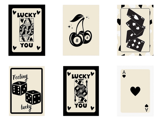 Poster Poker Ass Karte · Dame Karte · Bube Karte · Glückswürfel · Kirschen Billiard 8 · Deko Print ohne Rahmen