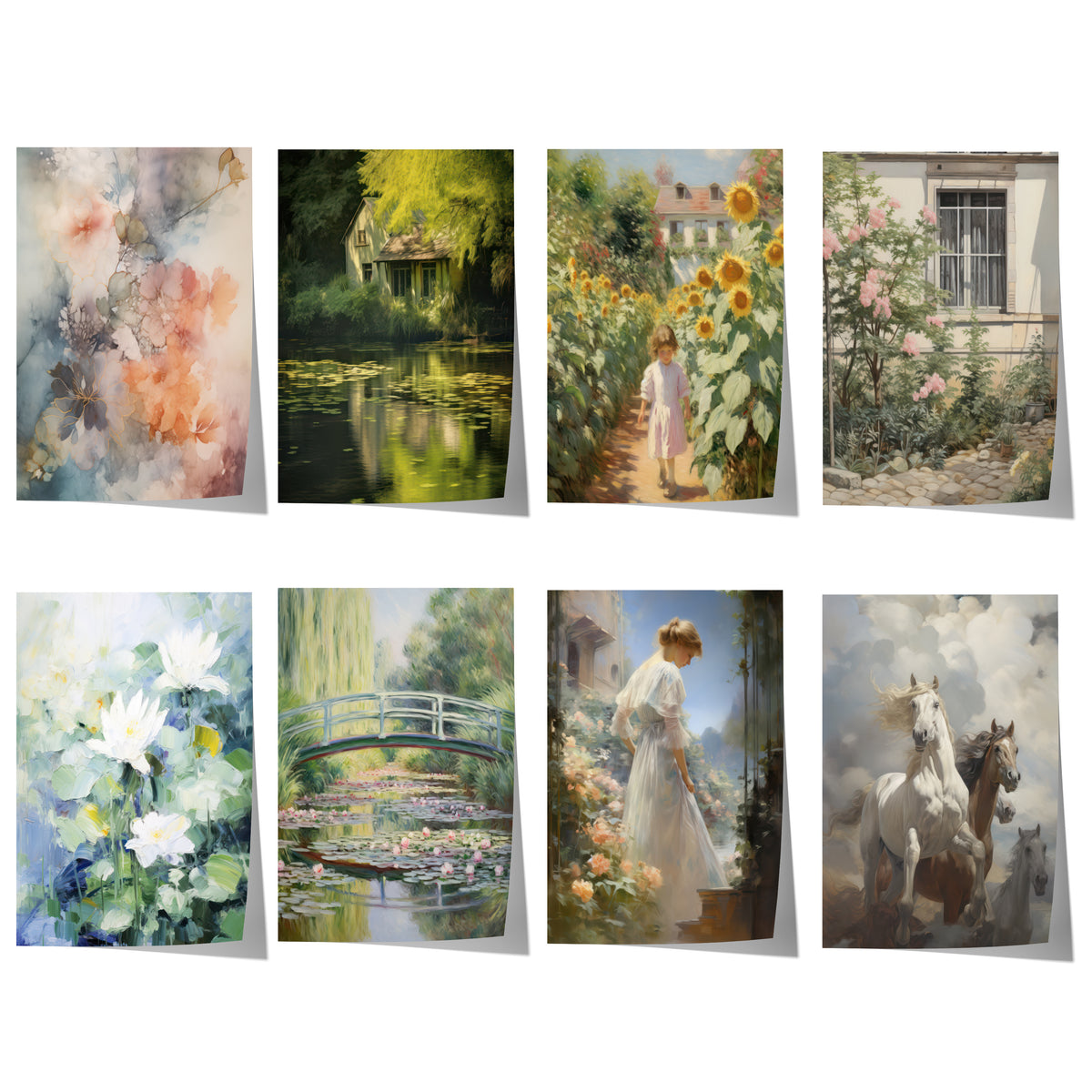Kunst Poster · Geschenkidee · Blumen Seerosen Romantische Gärten & Pferde · Dekoprint ohne Rahmen