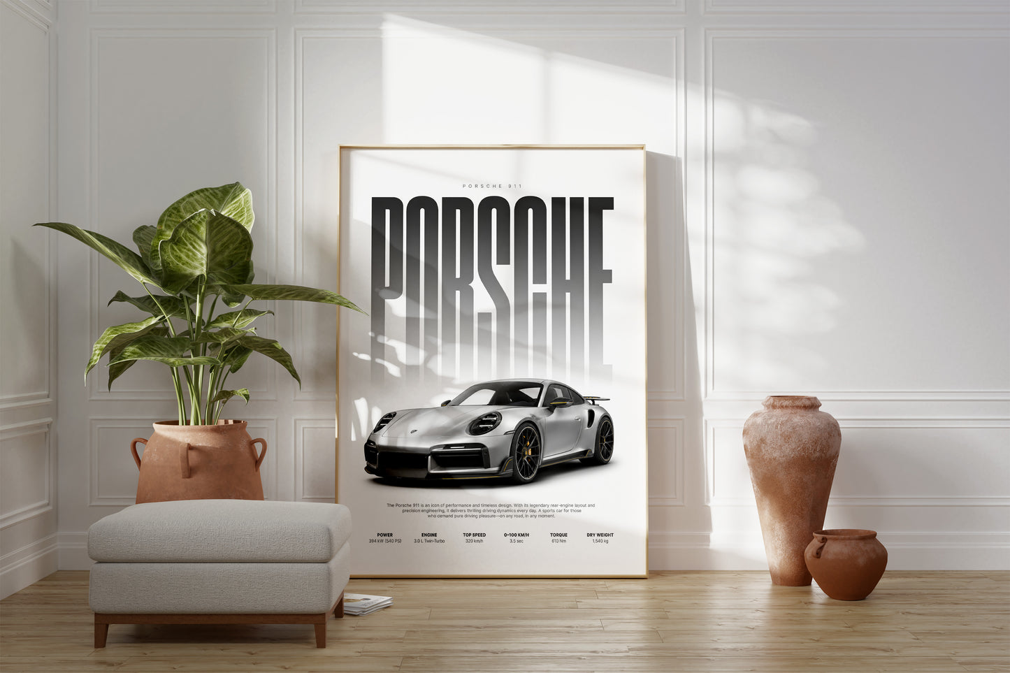 Silberner Sportwagen Poster · Geschenkidee · Luxus Coupé Wandbild · Deko Print ohne Rahmen