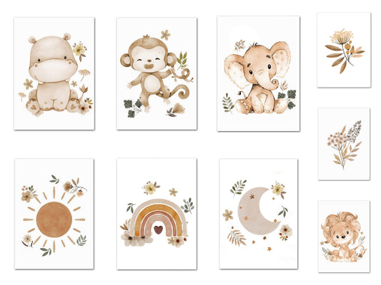 Poster Kinder süße Tiere im Boho Stil Nilpferd Elefant Löwe Regenbogen Sonne und Mond als Deko Print ohne Rahmen