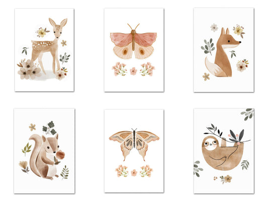 Poster Kinder Tiere Reh Eichhörnchen Fuchs Faultier und Schmetterlinge im Boho Stil als Deko Print ohne Rahmen