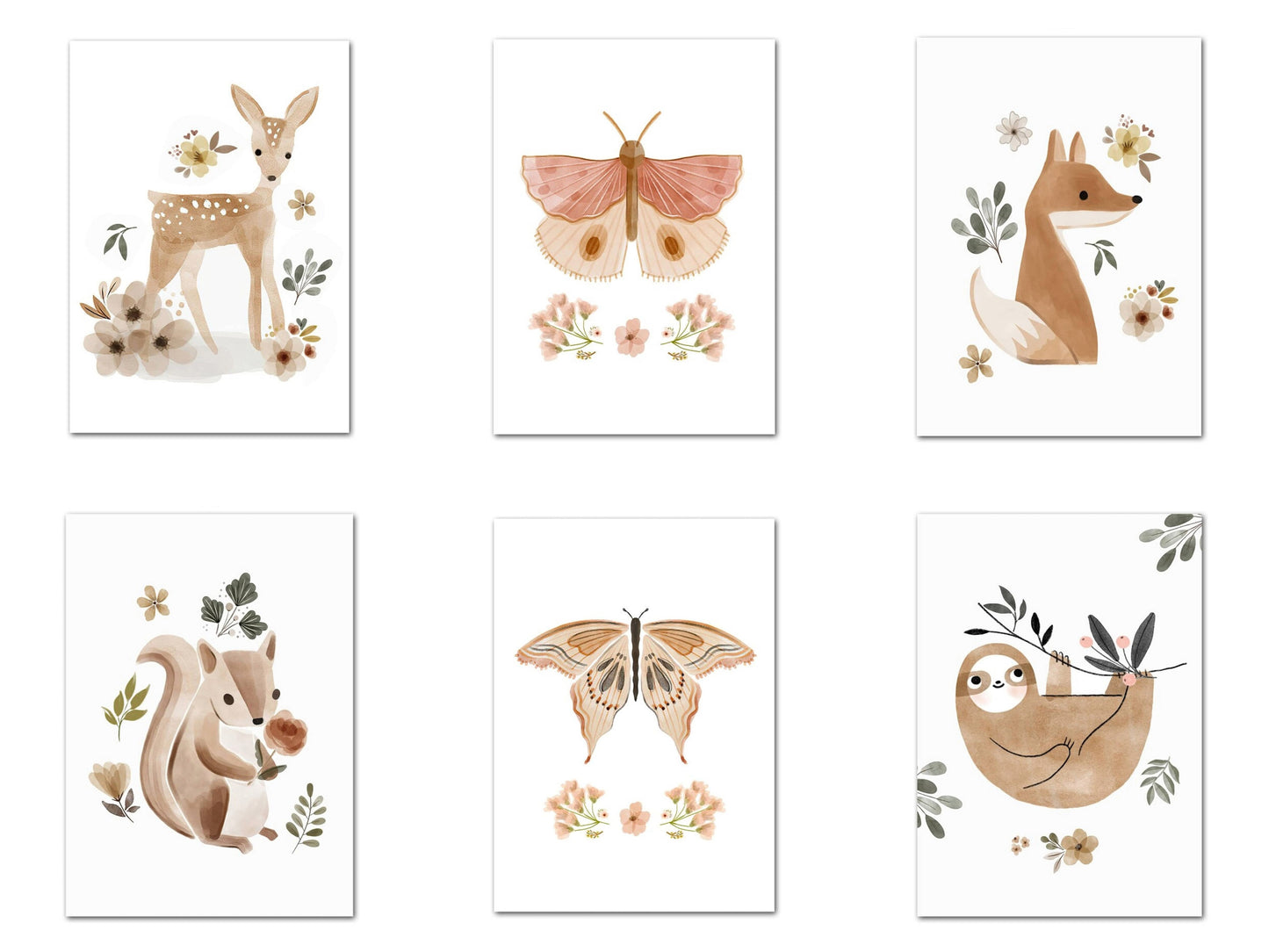 Poster Kinder Tiere Reh Eichhörnchen Fuchs Faultier und Schmetterlinge im Boho Stil als Deko Print ohne Rahmen