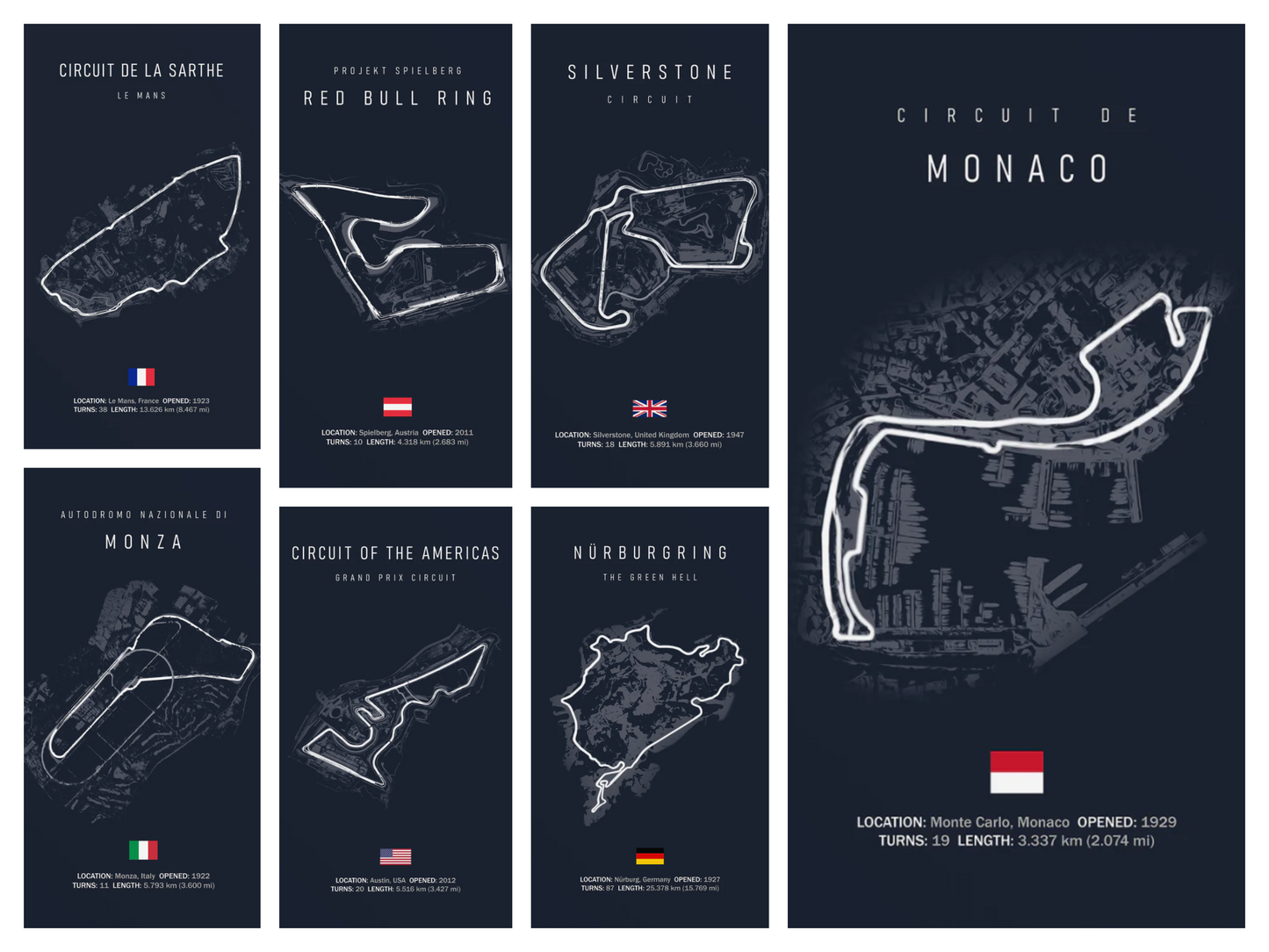 Poster Formel 1 Kalender 2026 Strecken Großer Preis von Silverstone Daytona Laguna Seca Yas Marina Suzuka als Deko Print ohne Rahmen