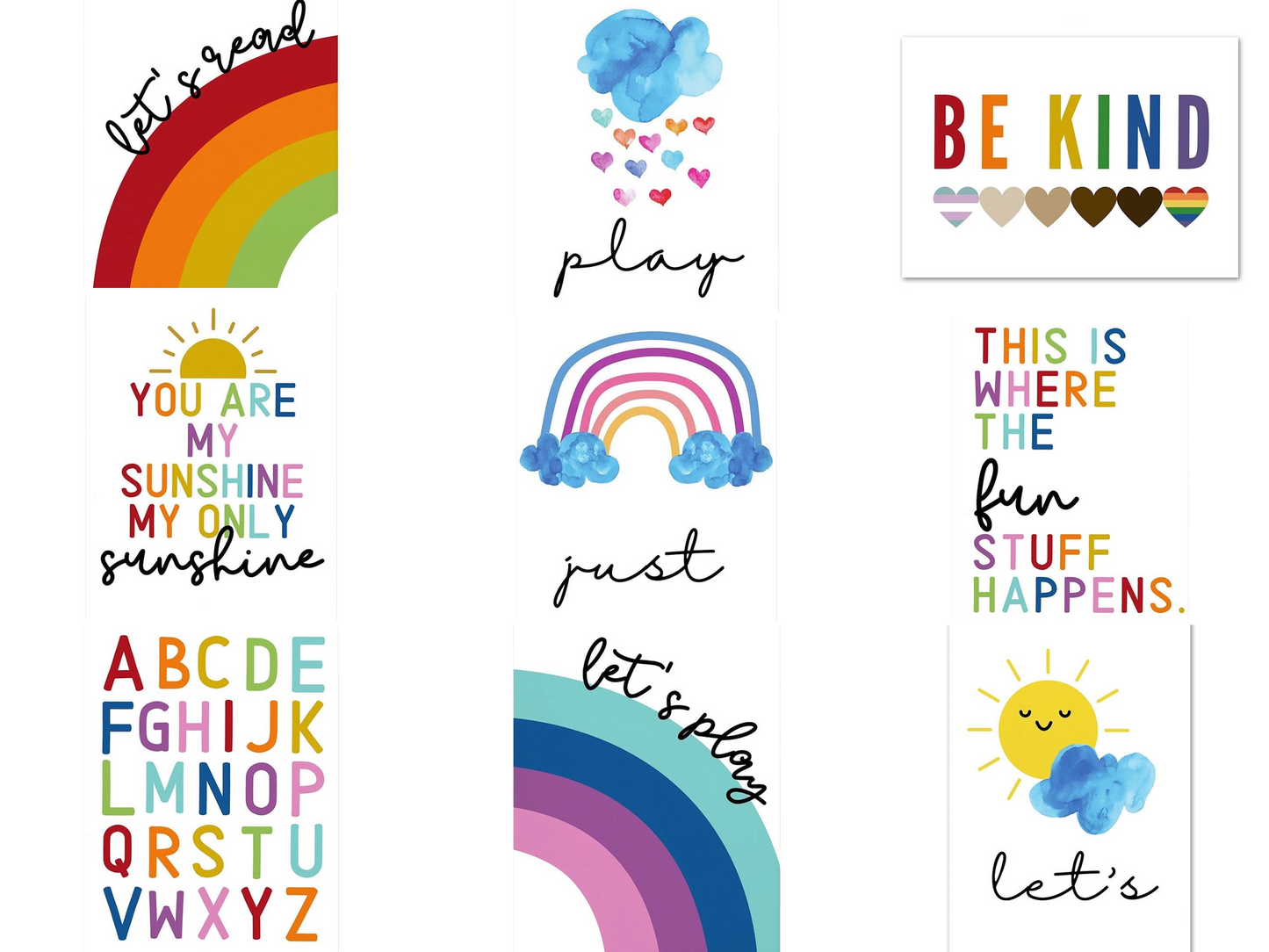 Poster Kinder Regenbogen Sonne Sprüche und Alphabet als Deko Print ohne Rahmen