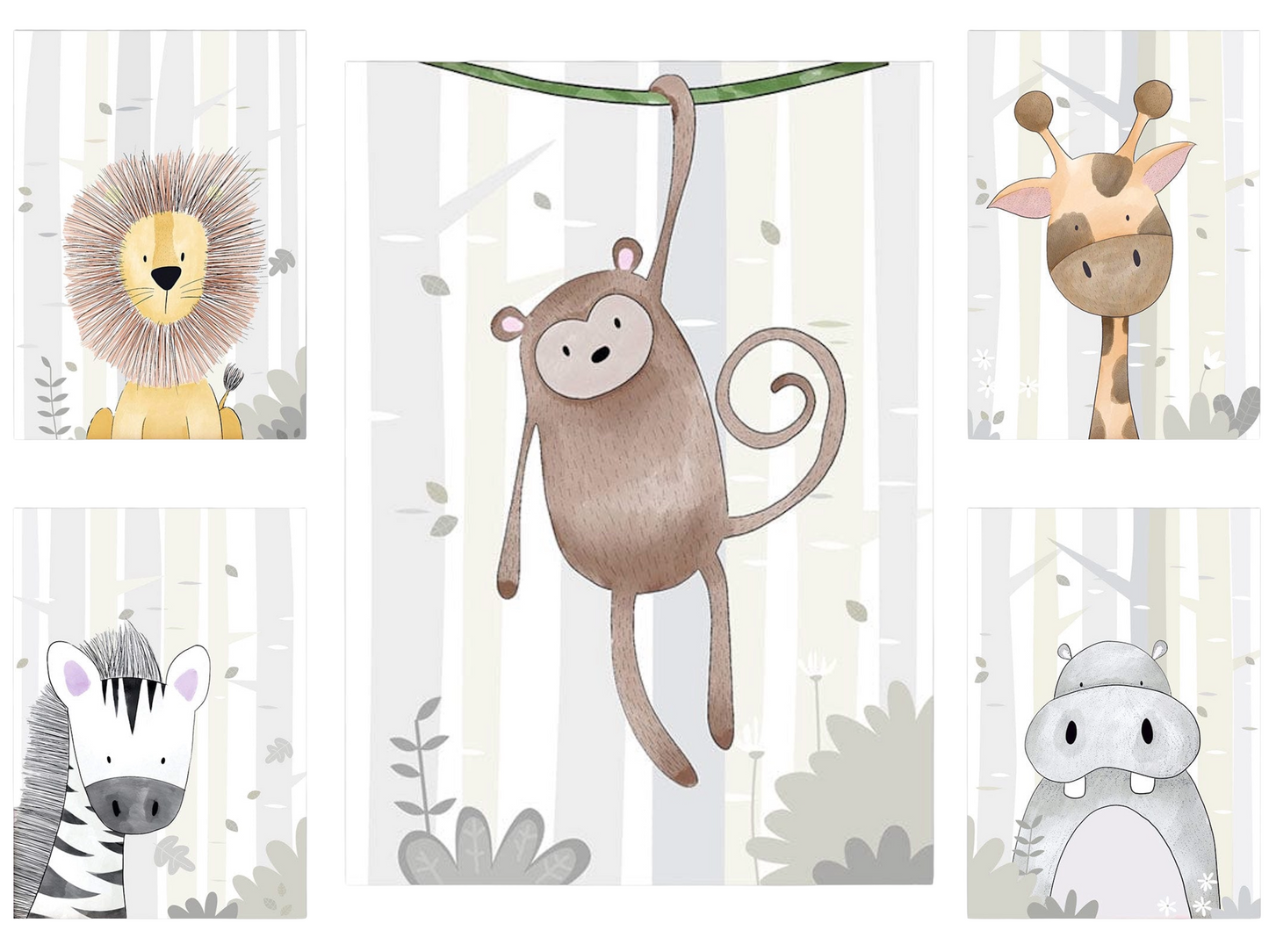 Poster Kinderzimmer Tiere Bilder Giraffe Löwe Zebra Affe Nilpferd als Deko Print ohne Rahmen