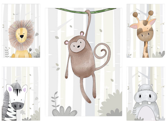 Poster Kinderzimmer Tiere Bilder Giraffe Löwe Zebra Affe Nilpferd als Deko Print ohne Rahmen