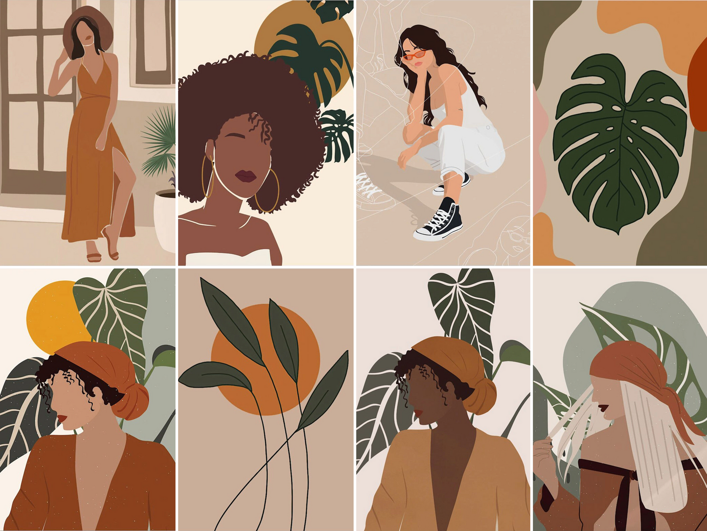 Poster Boho läßige Frau und Monstera Pflanze als Deko Print ohne Rahmen