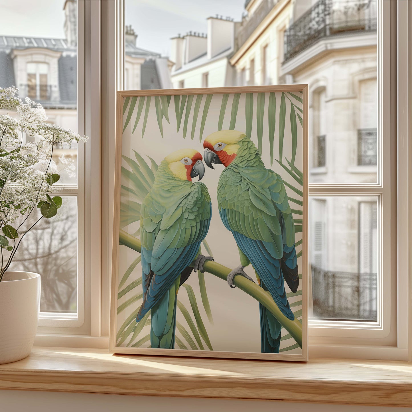 Tropische Palmen Poster · Geschenkidee · Papageien und Botanische Dschungelkunst · Wohnzimmer Dekoprint ohne Rahmen
