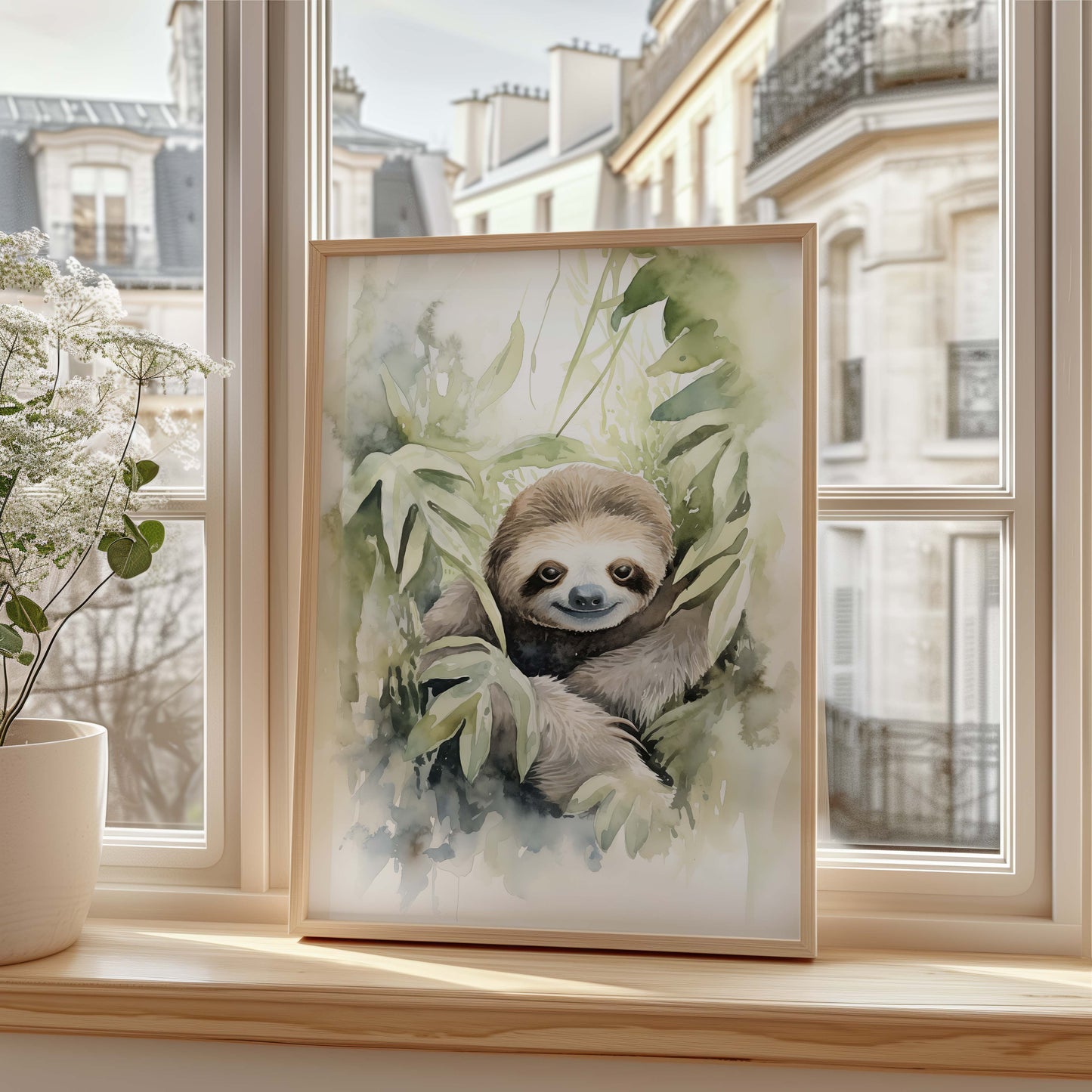 Safari Dschungel Poster · Geschenkidee · Faultier, Elefant und Tropische Pflanzen · Wohnzimmer Dekoprint ohne Rahmen