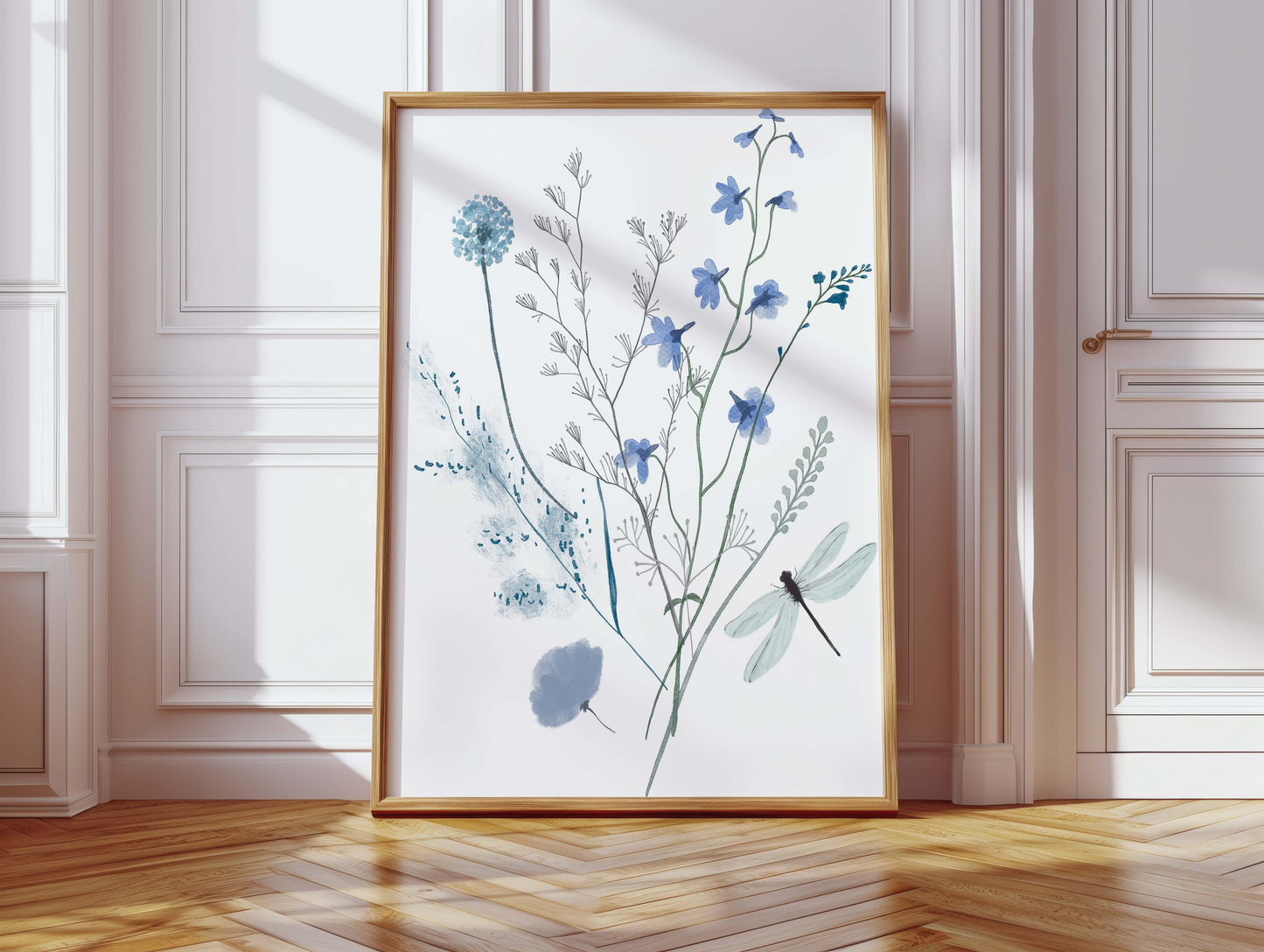 Wildblumen Poster · Geschenkidee · Zarte botanische Blumen mit blauen Blüten und Schmetterlingen · Dekoprint ohne Rahmen