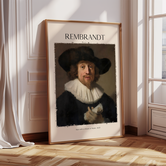 Rembrandt Poster · Geschenkidee · Barockes Porträt Mann mit Musikblatt Klassische Meisterwerk Wandkunst · Dekoprint ohne Rahmen