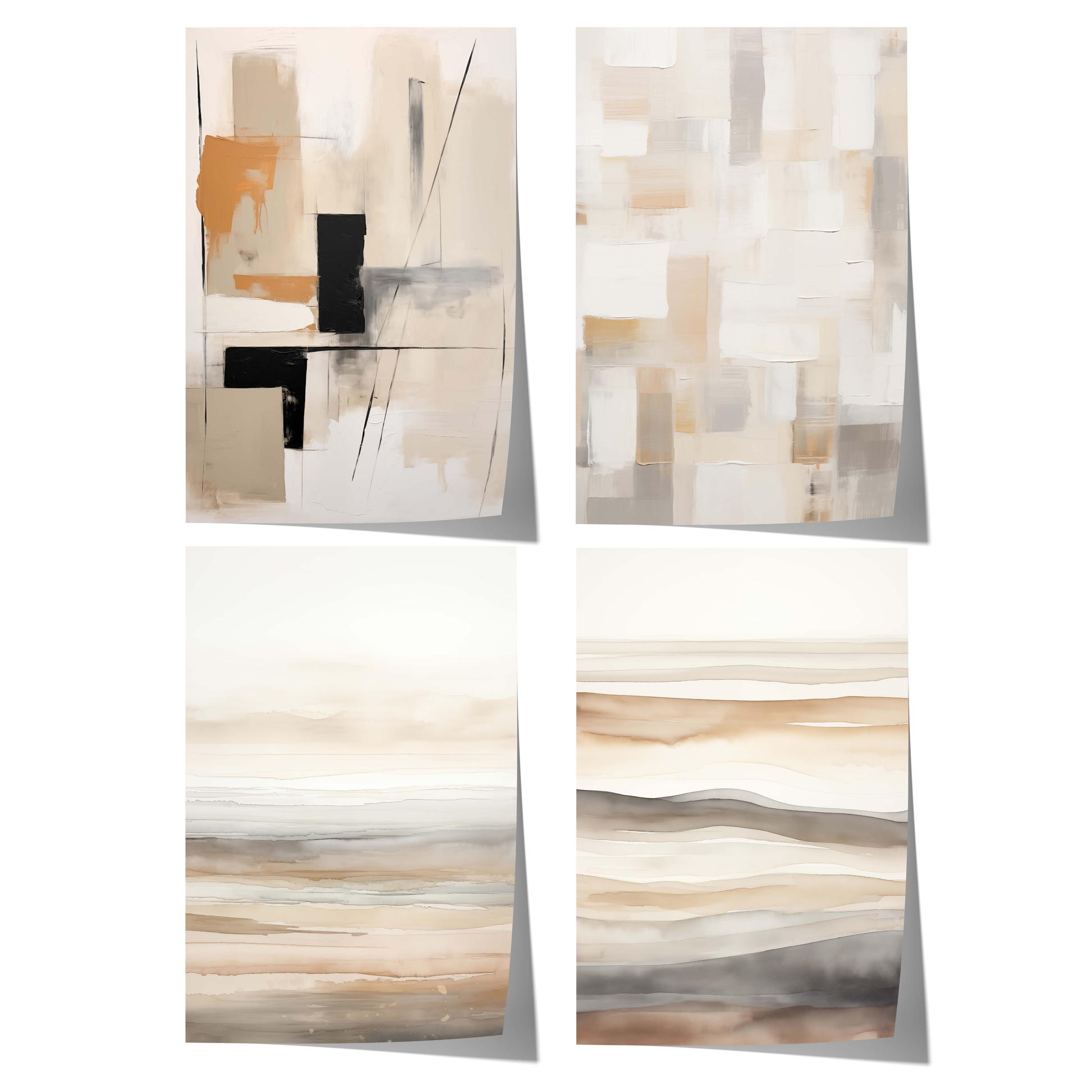 Abstraktes Poster mit geometrischen Formen, sanften Aquarellschichten und modernen Kompositionen in Beige, Creme, Grau und Naturtönen.