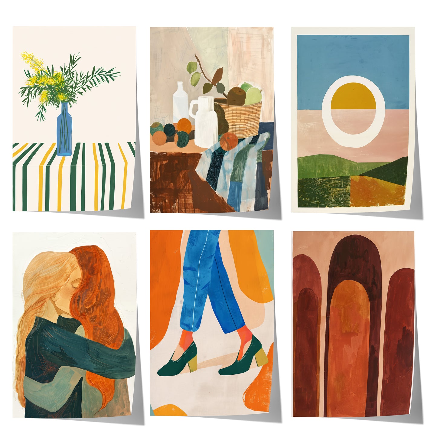 Abstrakte Kunst mit Blumen in blauer Vase, modernem Stillleben, geometrischer Landschaft, Frauenmotiv und warmen organischen Formen.