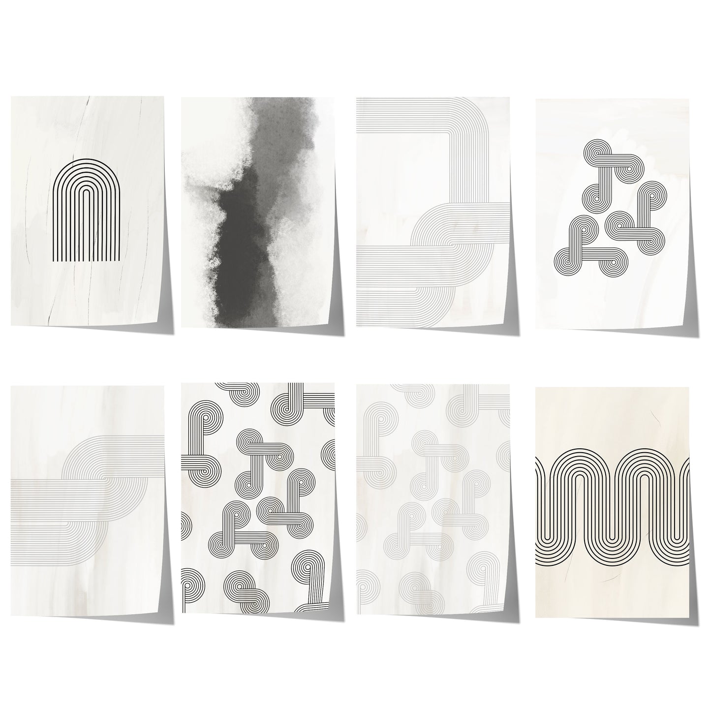 Abstrakte geometrische Bögen und geschwungene Linien in Schwarz und Grau auf hellem, minimalistischem Hintergrund.