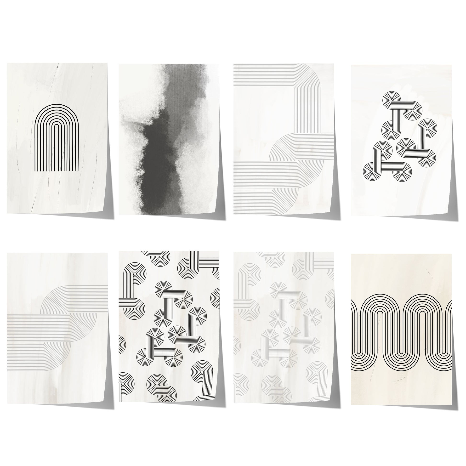 Abstrakte geometrische Bögen und geschwungene Linien in Schwarz und Grau auf hellem, minimalistischem Hintergrund.
