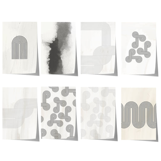 Abstrakte geometrische Bögen und geschwungene Linien in Schwarz und Grau auf hellem, minimalistischem Hintergrund.