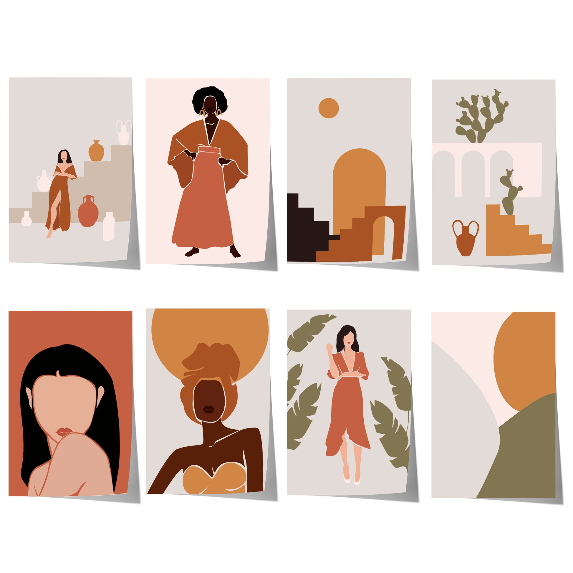 Abstrakte Illustrationen von Frauen, Figuren und organischen Formen in warmen Terrakotta-, Orange-, Beige- und Olivtönen.